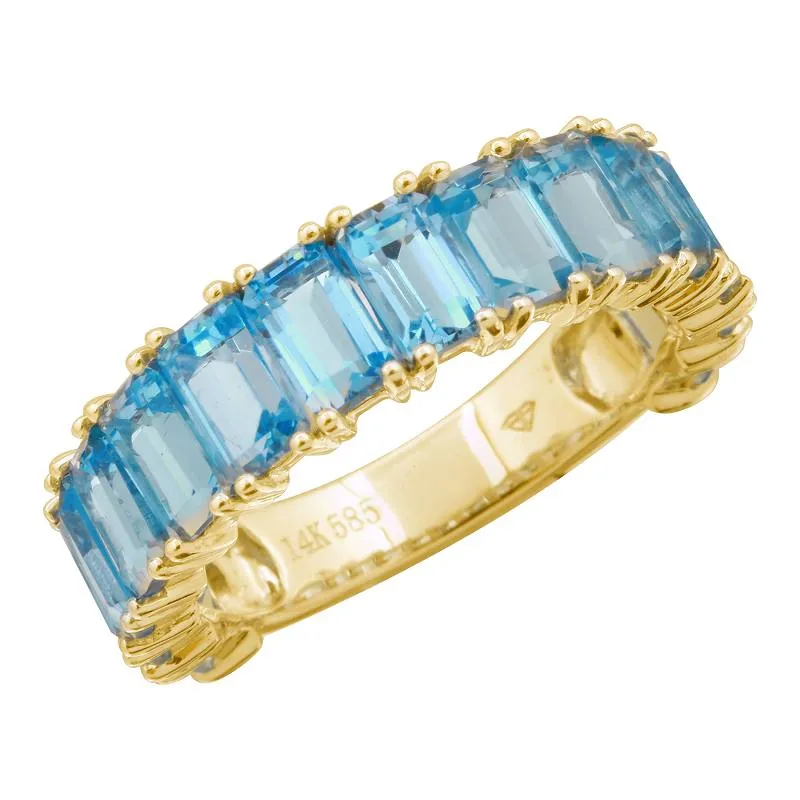 14k Gold Emerald Cut Blue Topaz 3/4 Band