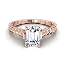 14K Rose Gold Emerald Cut  Hand Engraved Vintage Cathedral Style Solitaire Engagement Ring