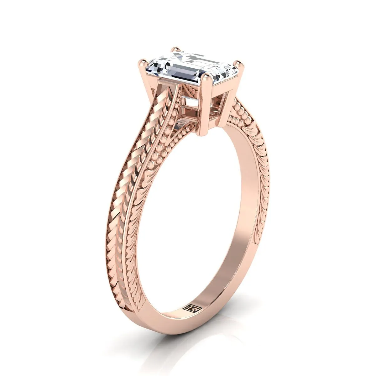 14K Rose Gold Emerald Cut  Hand Engraved Vintage Cathedral Style Solitaire Engagement Ring