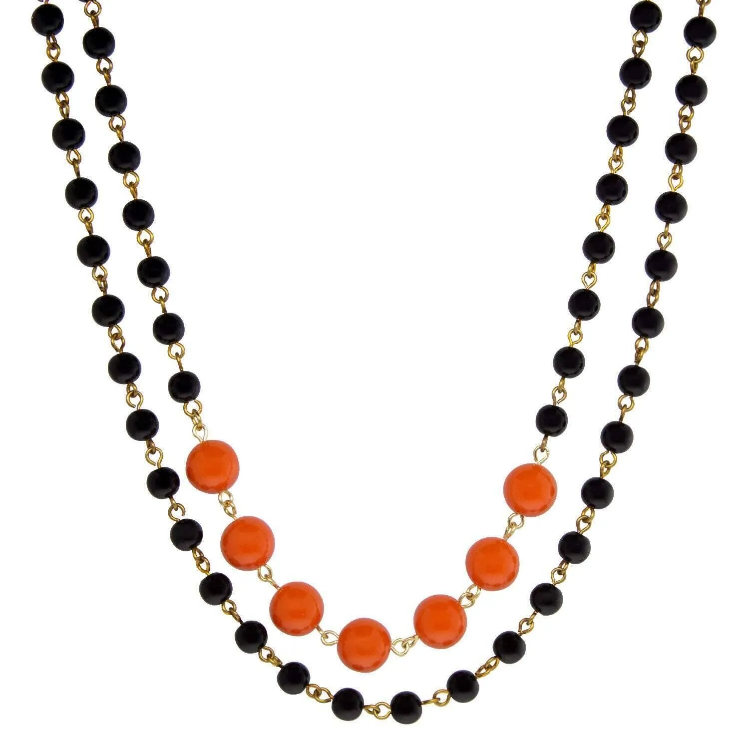 1928 Jewelry Double Strand Orange And Black Beaded Necklace 16"   3" Extender