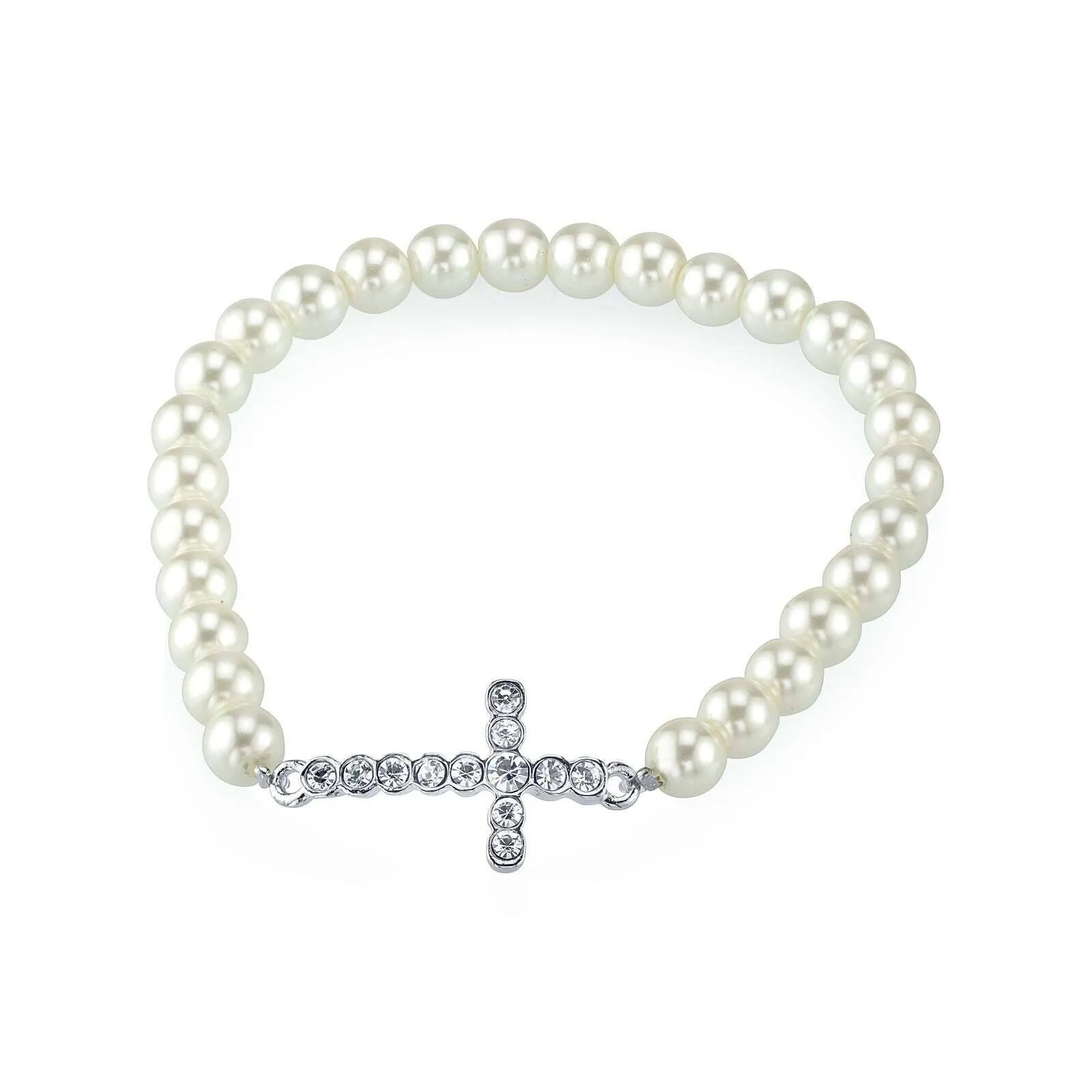 1928 Jewelry Faux Pearl Crystal Cross Stretch Bracelet