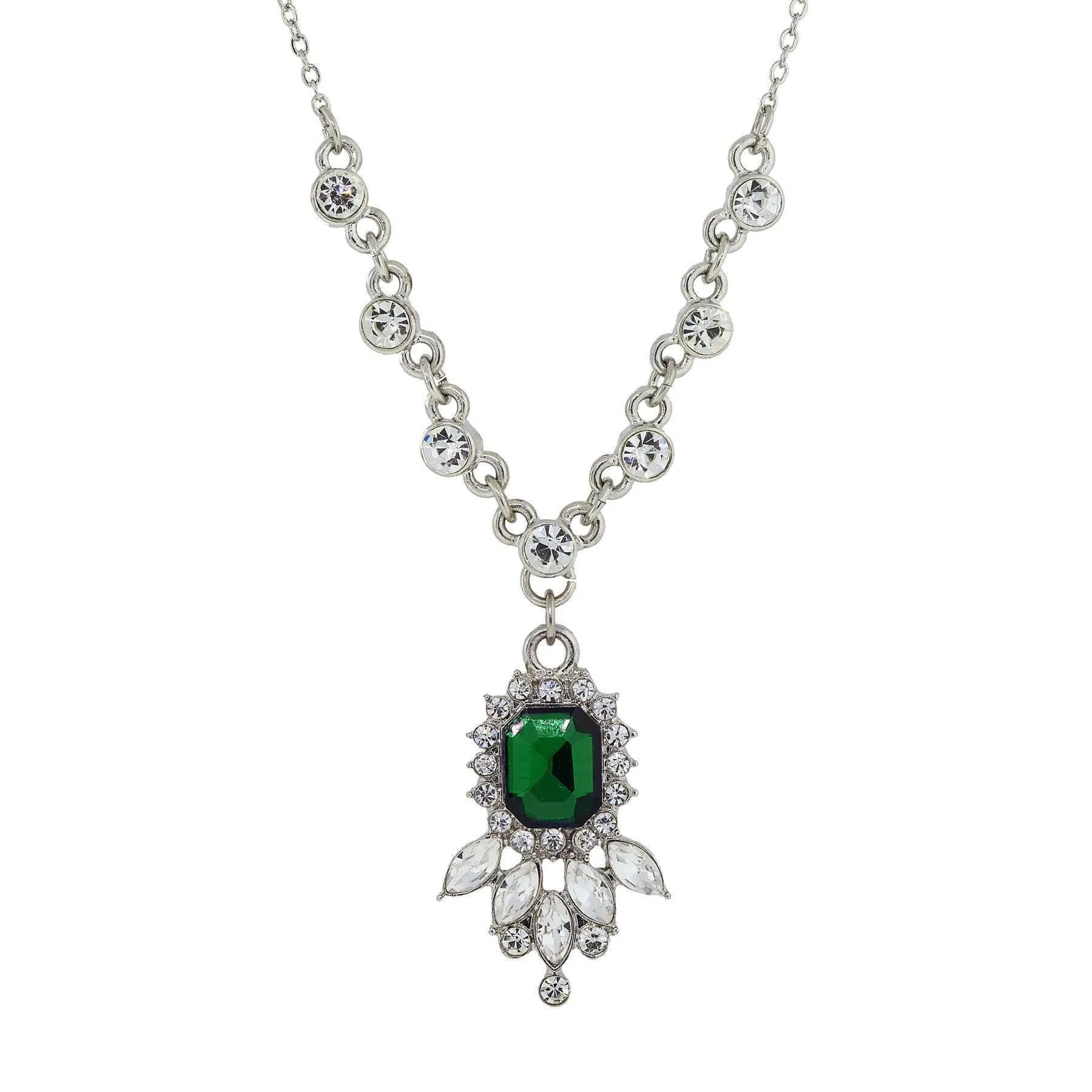 1928 Jewelry Green And Crystal Pendant Necklace 16"   3" Extender