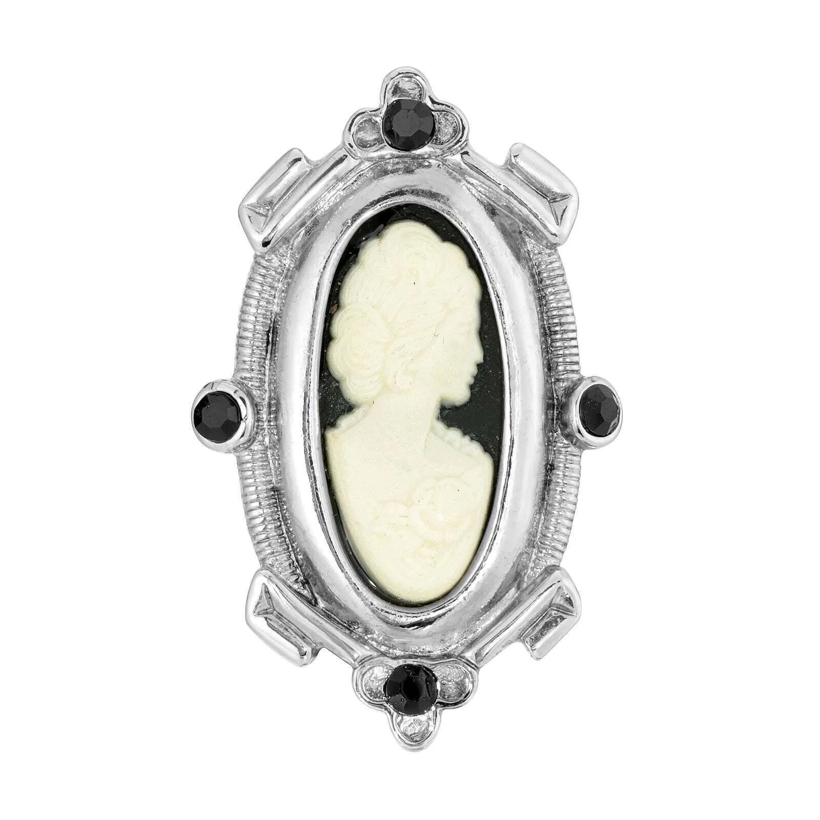 1928 Jewelry Oval Matte Black & Ivory Cameo Crystal Pin