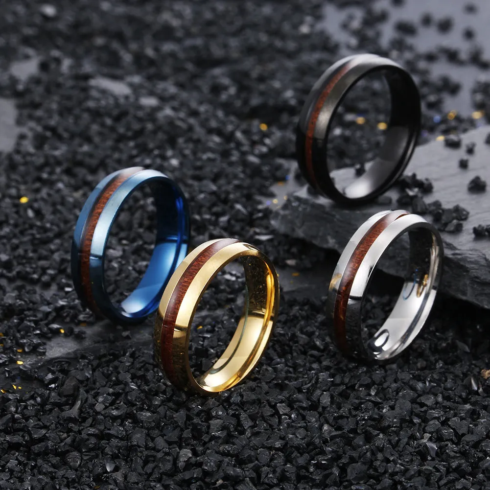 6MM Stainless Steel Acacia Wood Grain Men's Ring - Wholesale Jewelry Collection