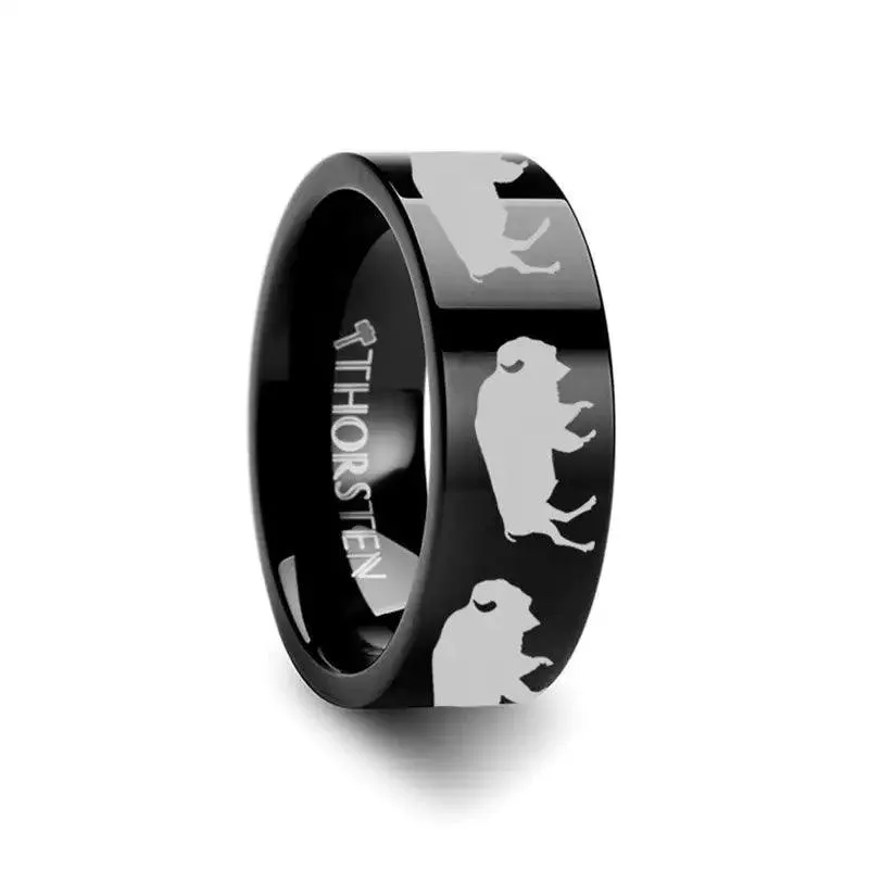 Animal Silhouette Buffalo Engraved Flat Black Tungsten Ring - 4mm - 12mm