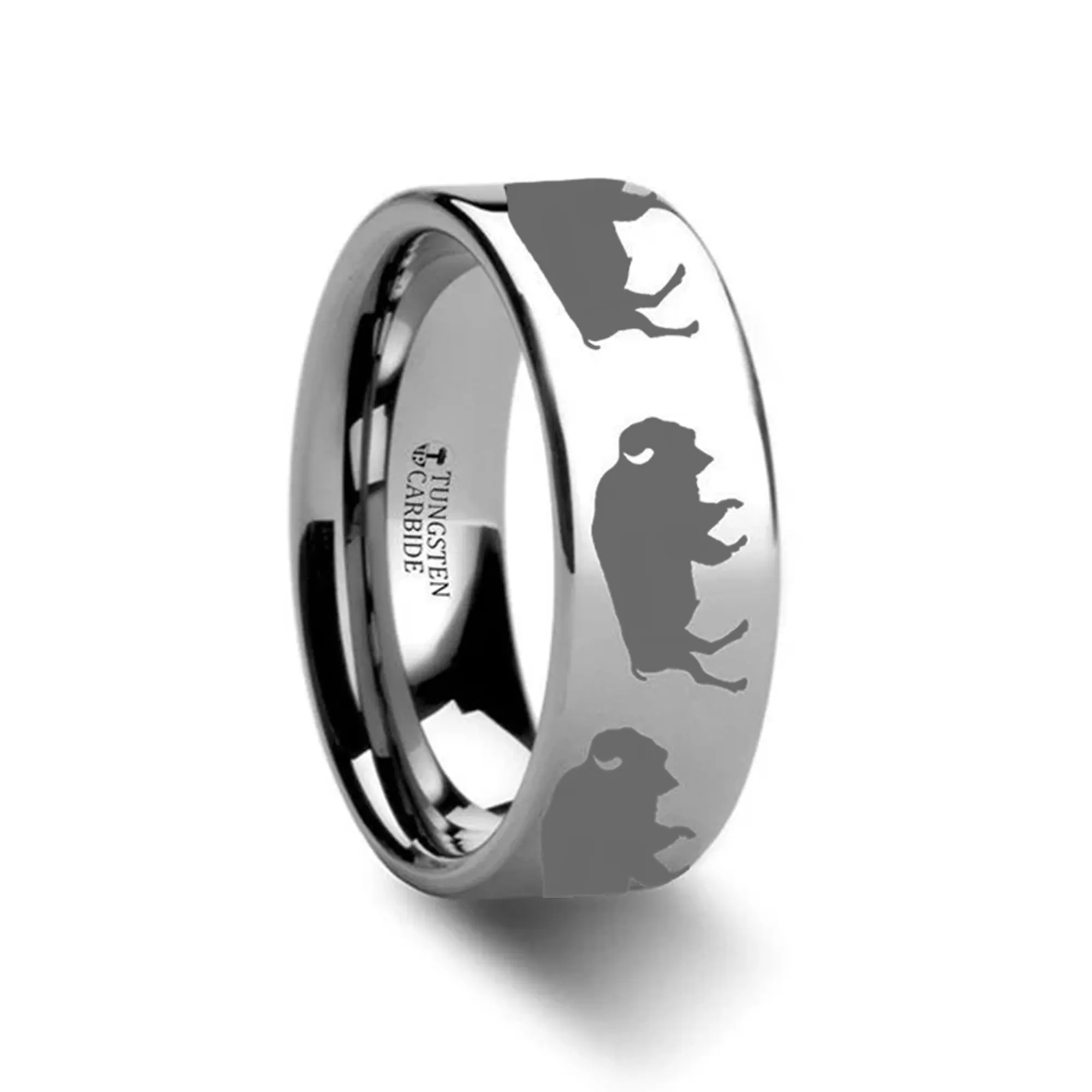 Animal Silhouette Buffalo Engraved Flat Tungsten Ring - 4mm - 12mm