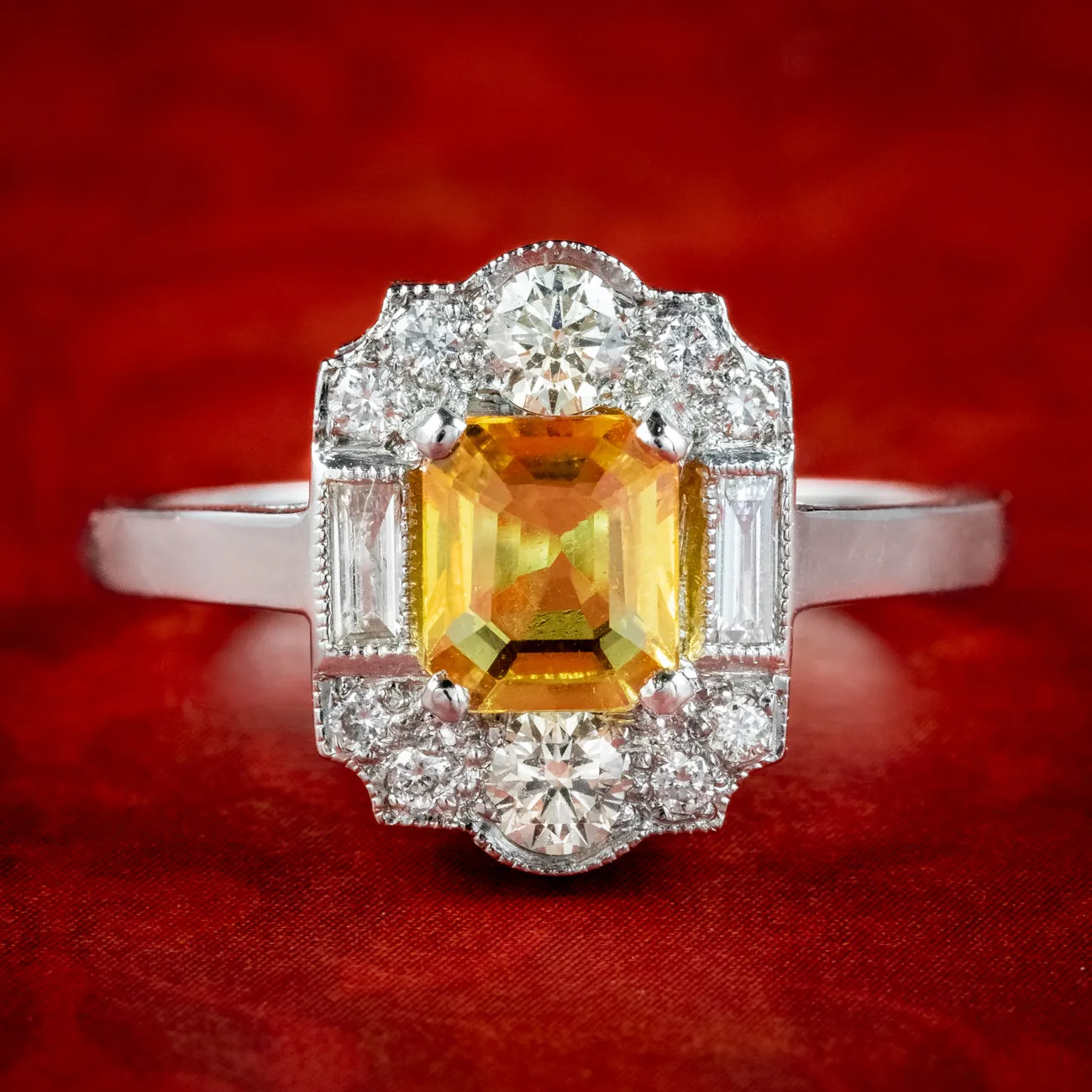 Art Deco Style Yellow Sapphire Diamond Cluster Ring 0.80ct Sapphire