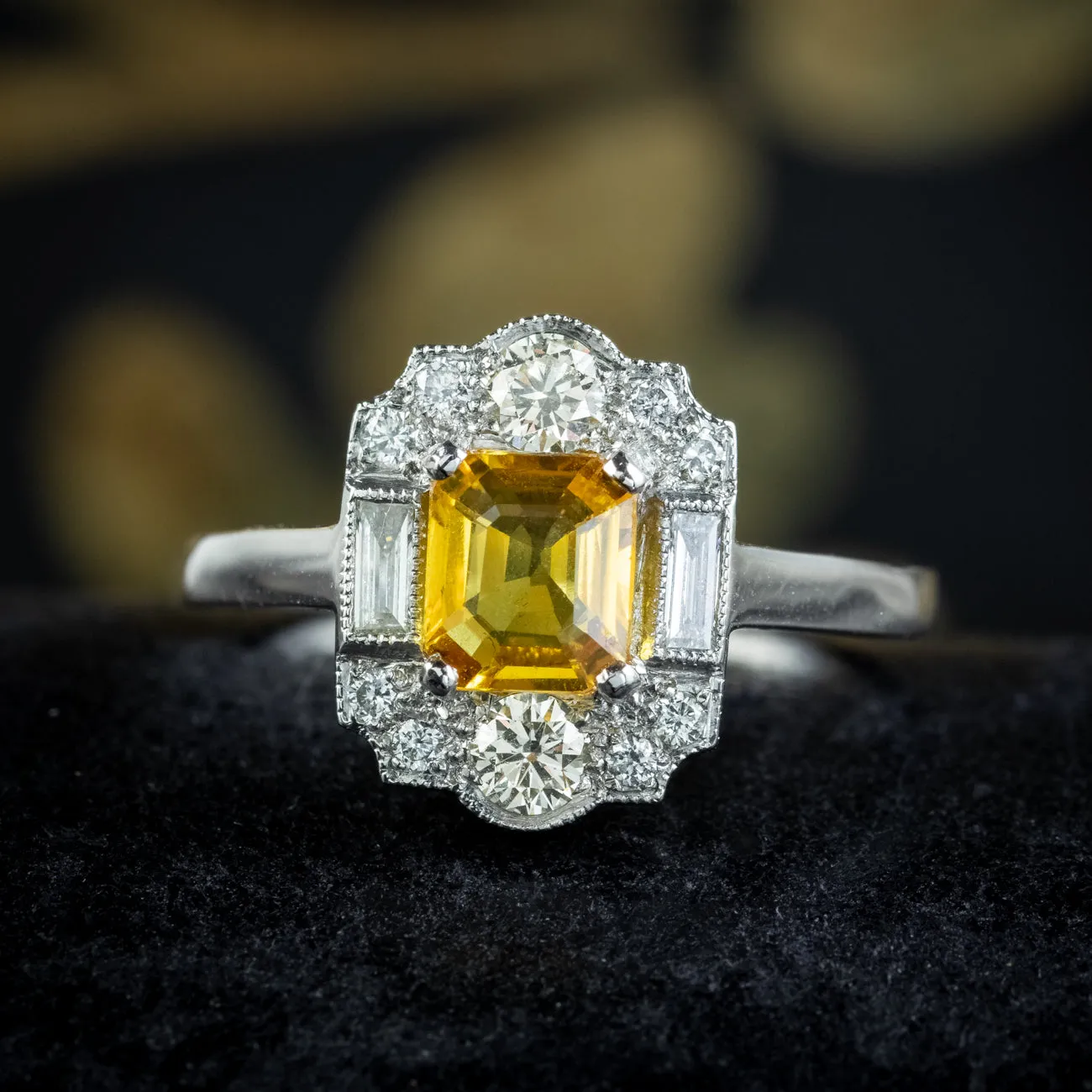 Art Deco Style Yellow Sapphire Diamond Cluster Ring 0.80ct Sapphire