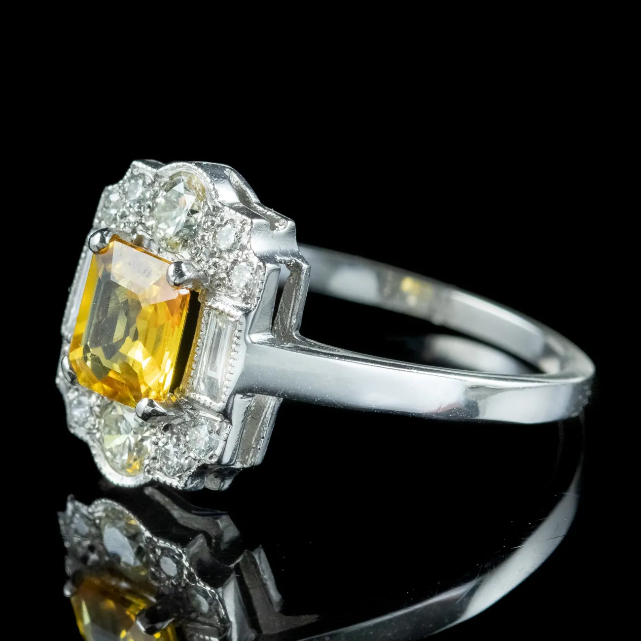 Art Deco Style Yellow Sapphire Diamond Cluster Ring 0.80ct Sapphire