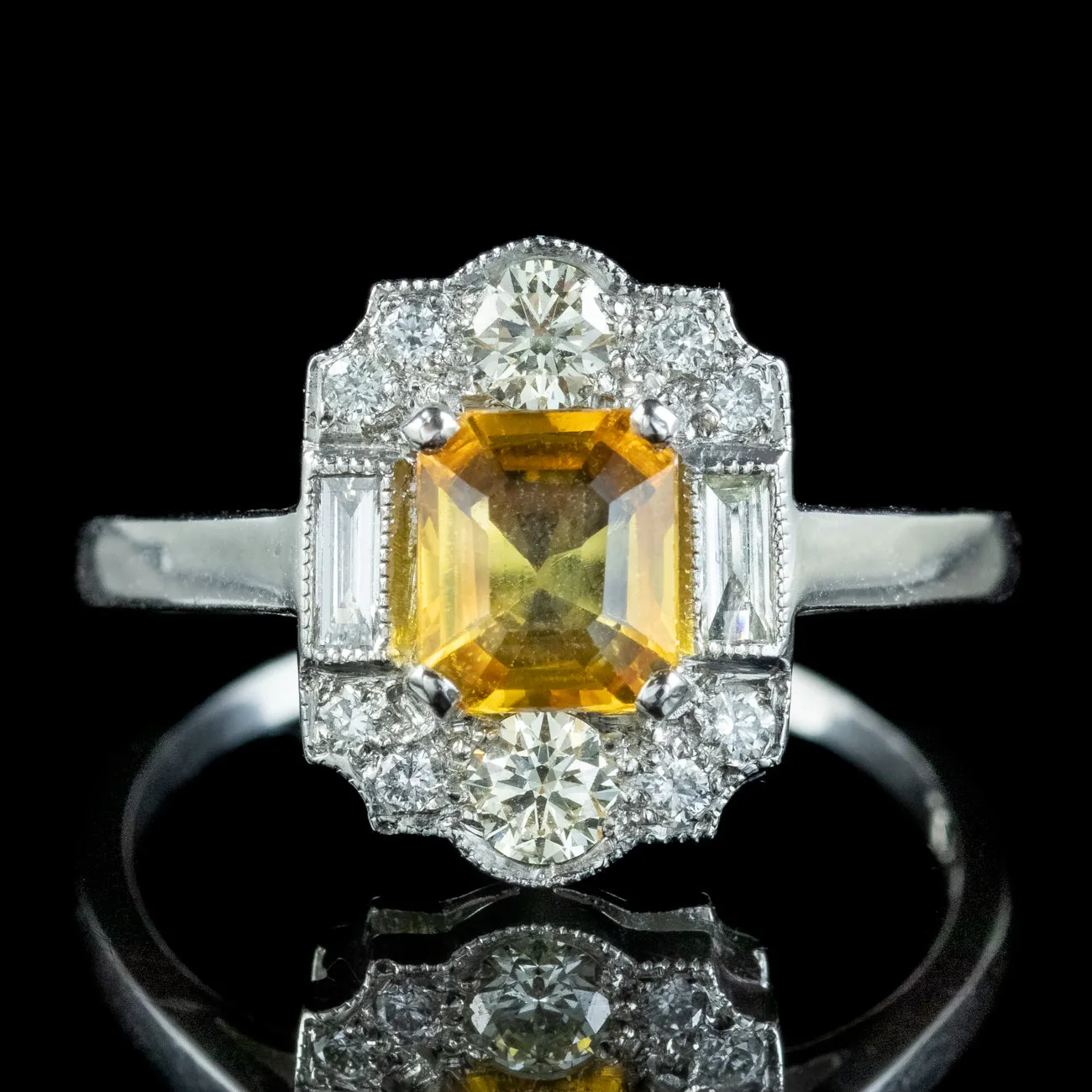 Art Deco Style Yellow Sapphire Diamond Cluster Ring 0.80ct Sapphire