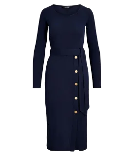 Belted Navy Rib-Knit Dress - Navy