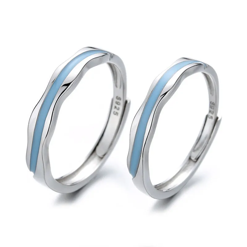 Blue Enamel Matching Wedding Rings Set