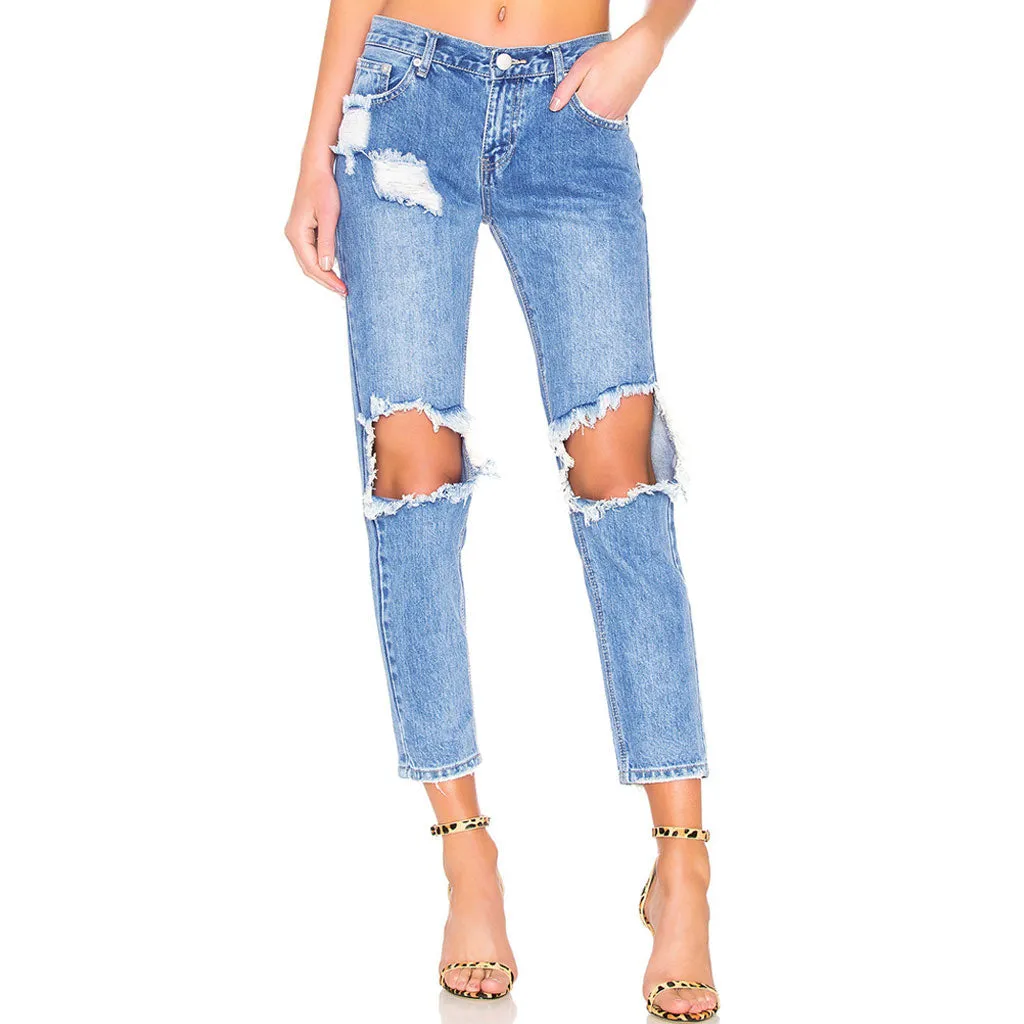 Boyfriend Style Cut Out Faded Frayed Skinny Jeans - Dark Blue