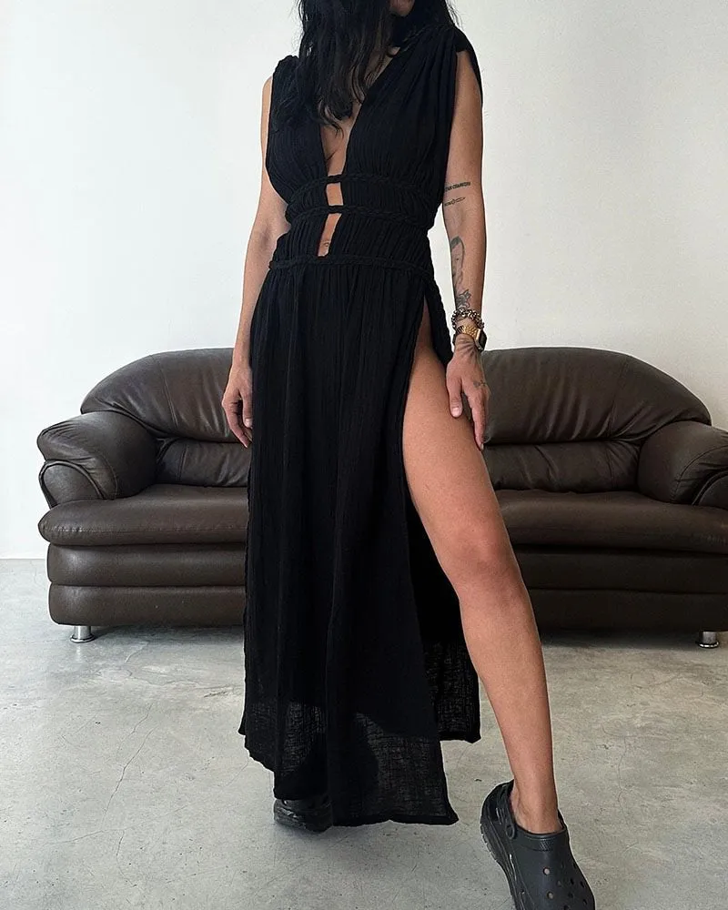 Braided Belt Hollow Slit Long dress