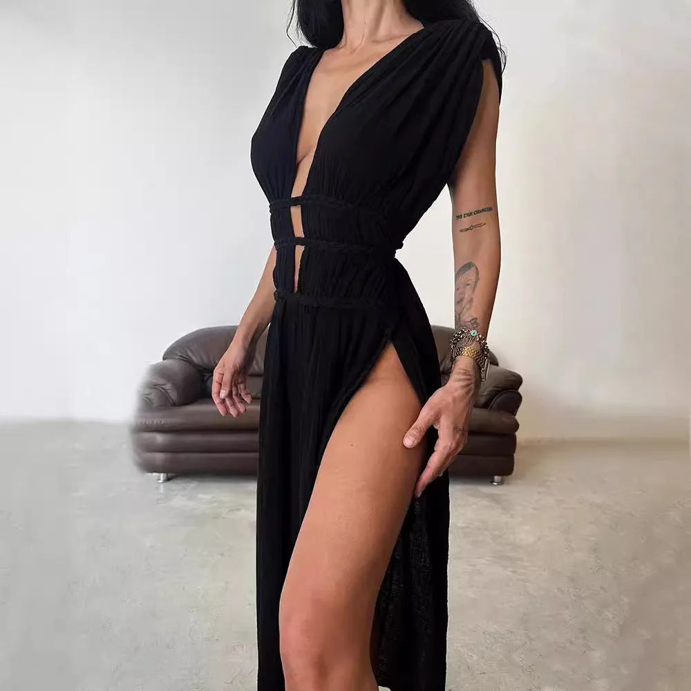 Braided Belt Hollow Slit Long dress