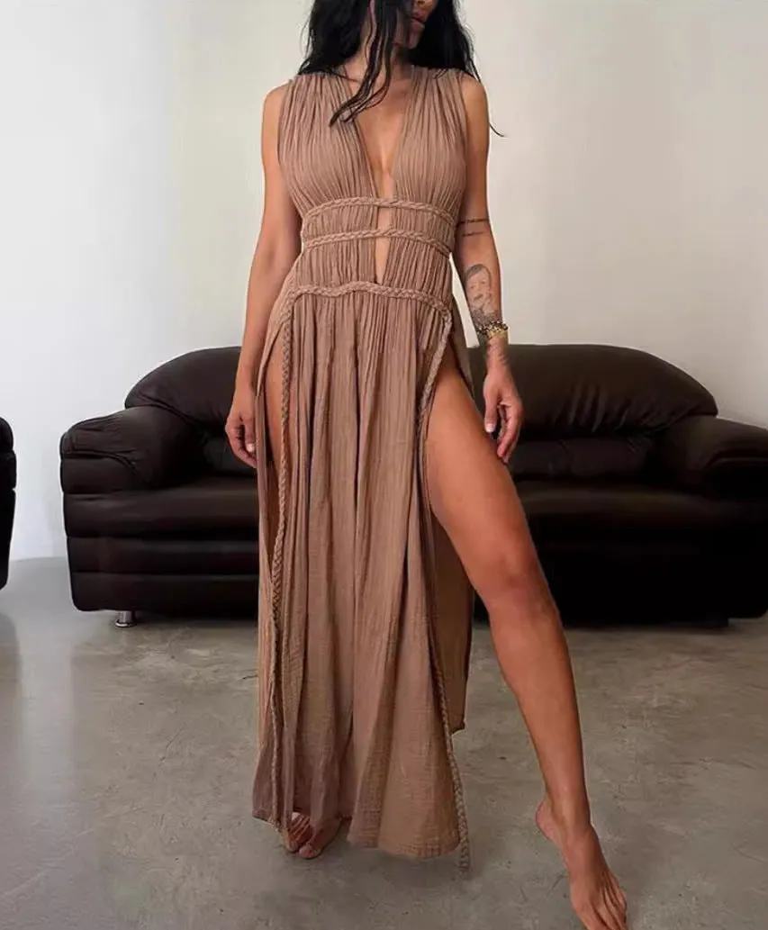 Braided Belt Hollow Slit Long dress