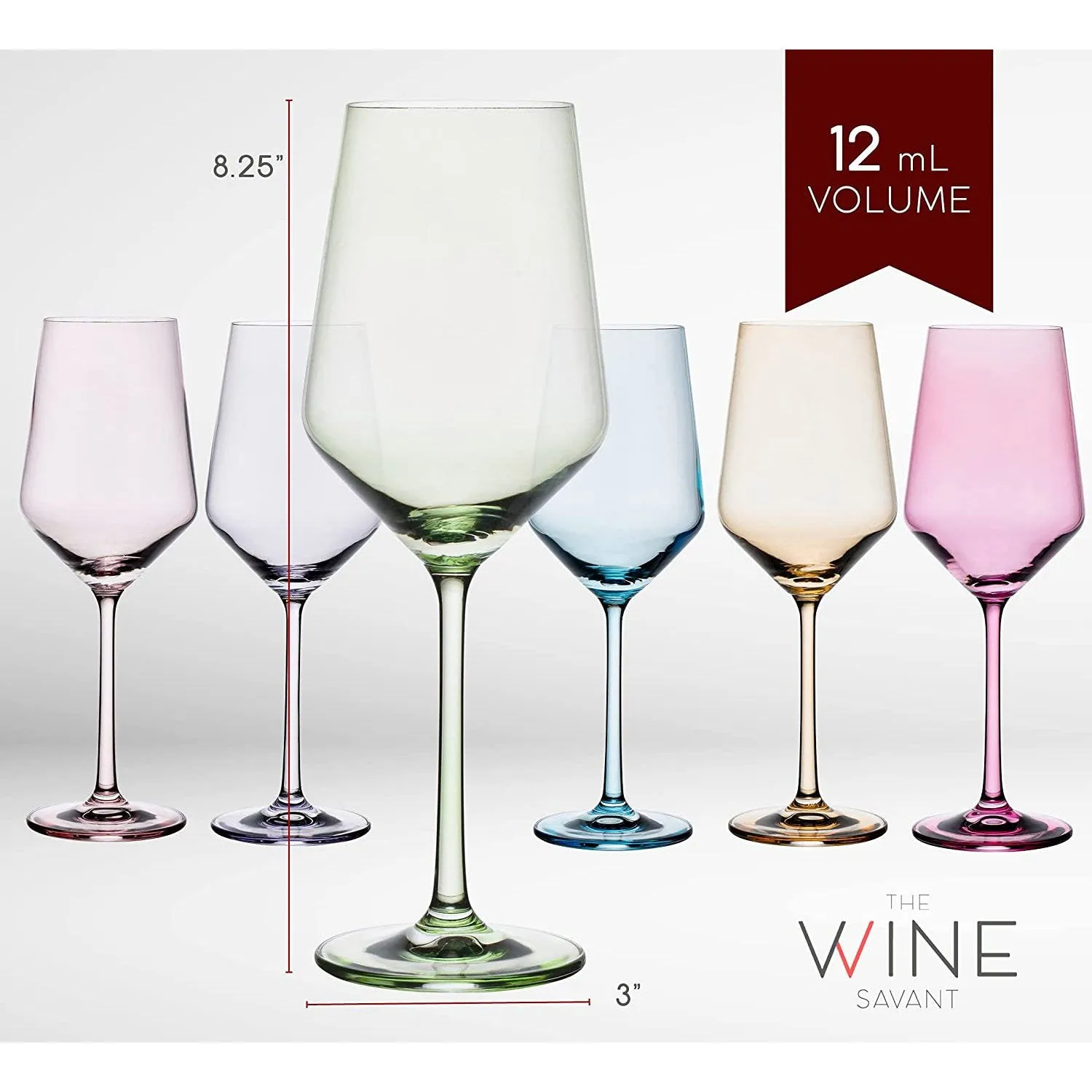 Colored Wine Glasses - Set of 6 Colorful Wine Glasses - 12 oz Stem Color Wine Glasses - Red, Blue, Green, Purple, Pink, Orange