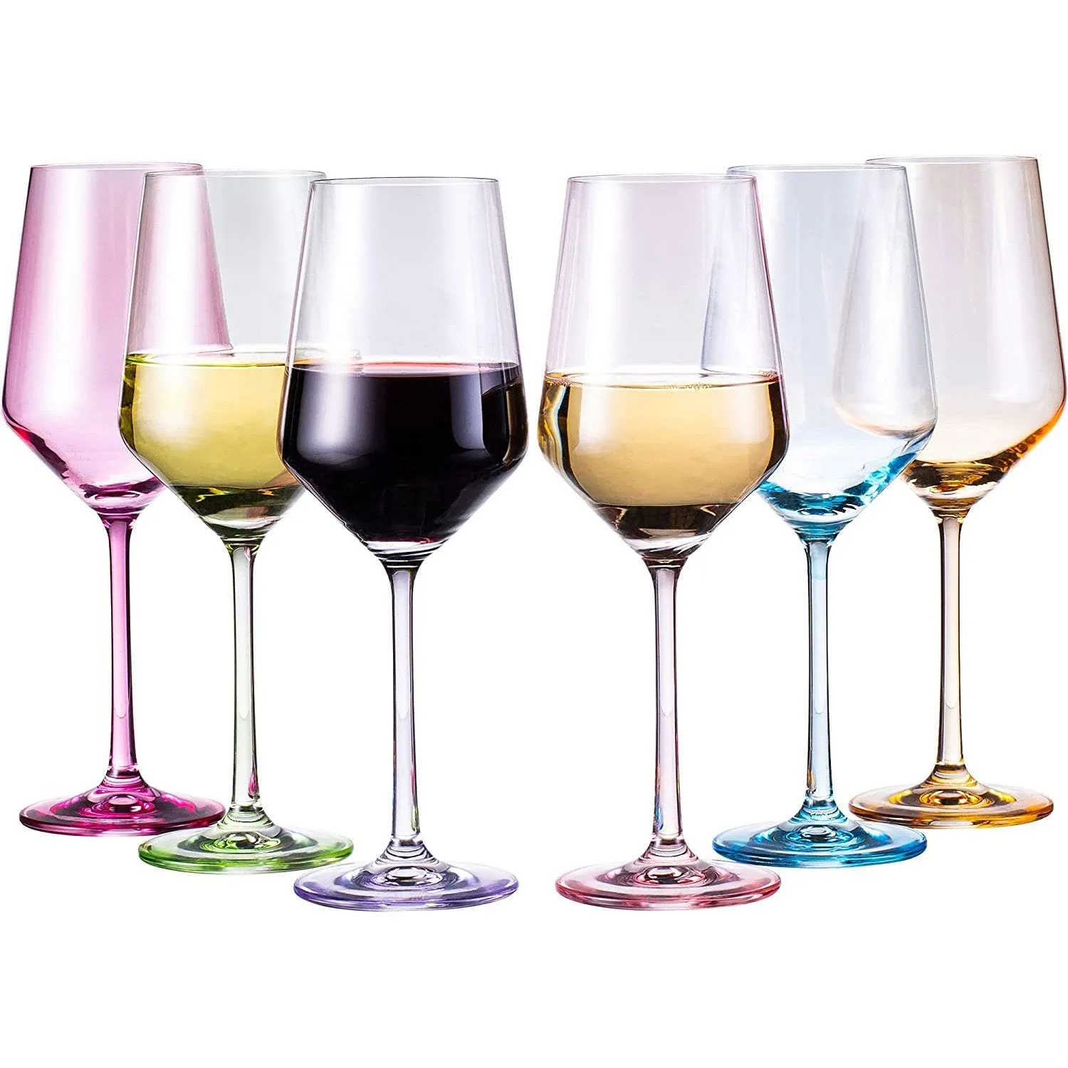 Colored Wine Glasses - Set of 6 Colorful Wine Glasses - 12 oz Stem Color Wine Glasses - Red, Blue, Green, Purple, Pink, Orange