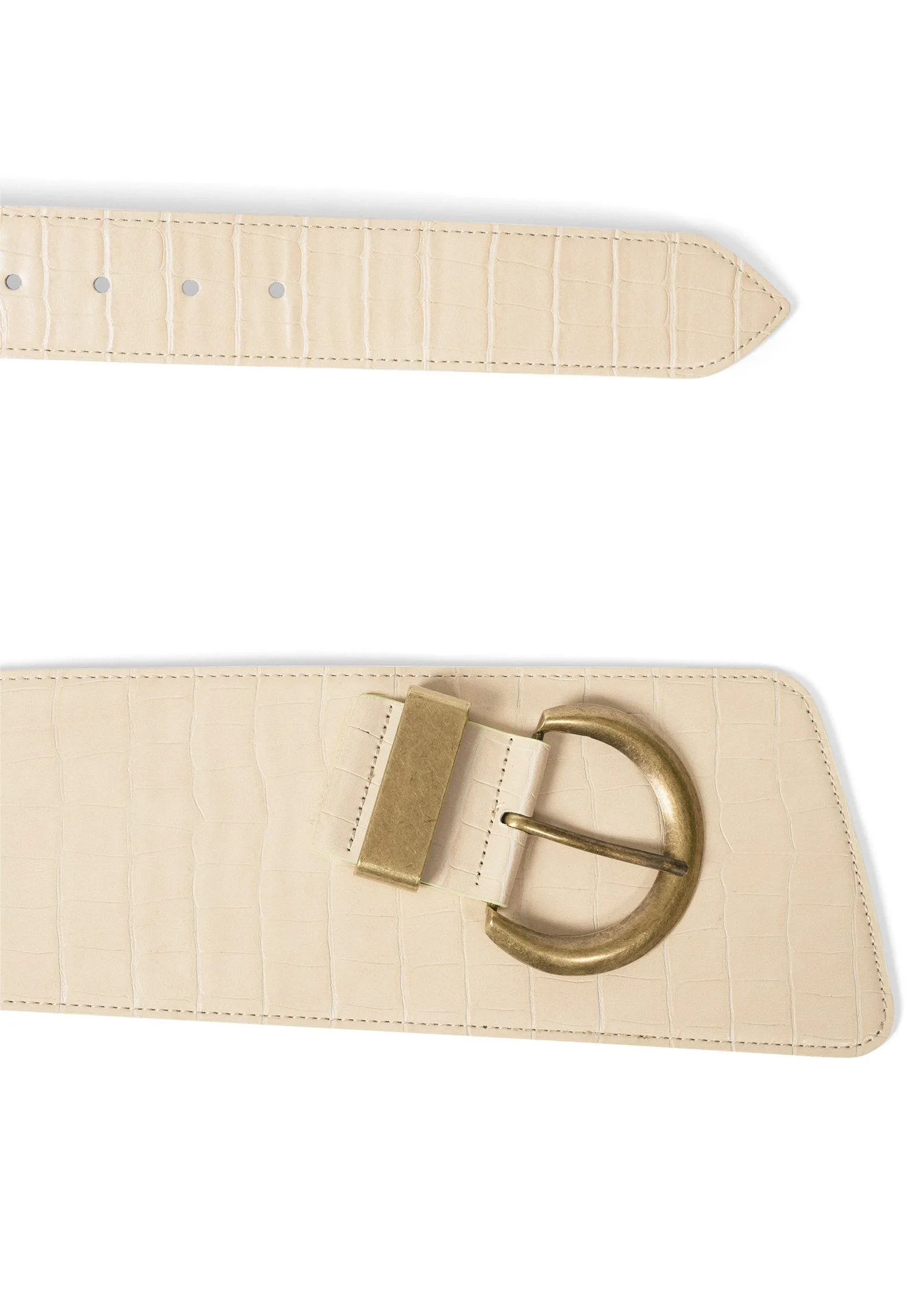 Croc Embossed Wide Buckle Belt  - Cream