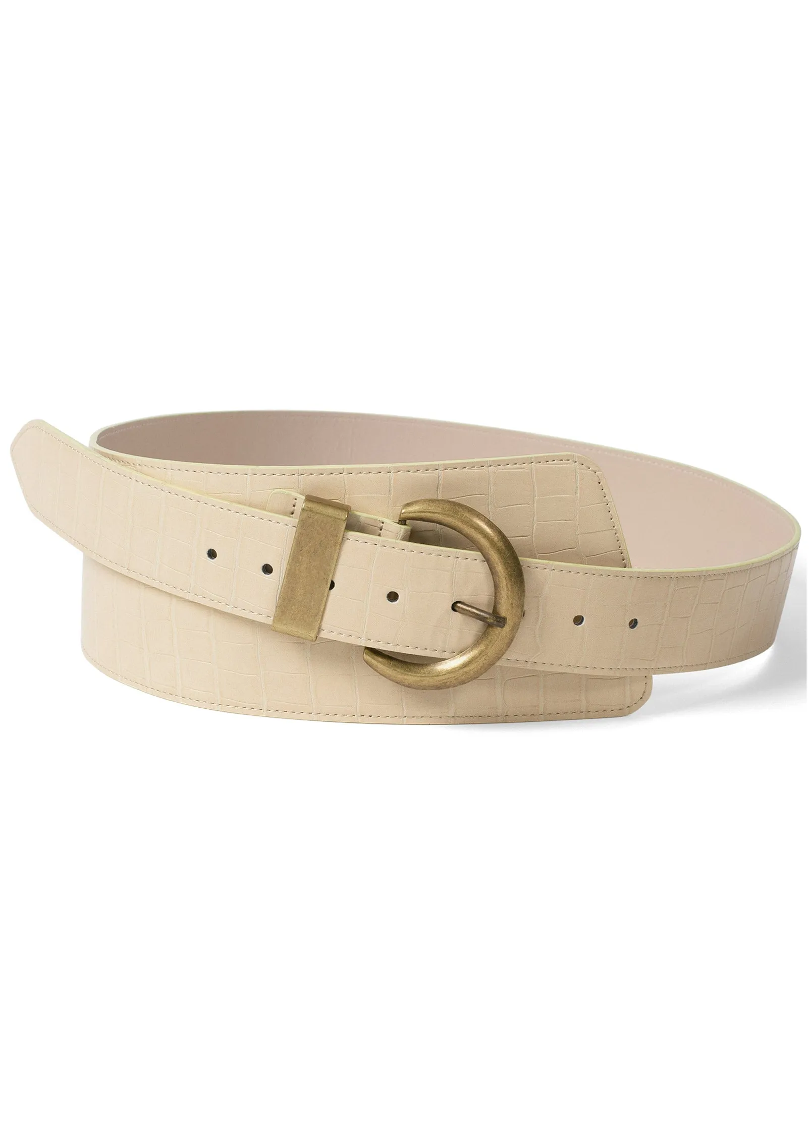 Croc Embossed Wide Buckle Belt  - Cream