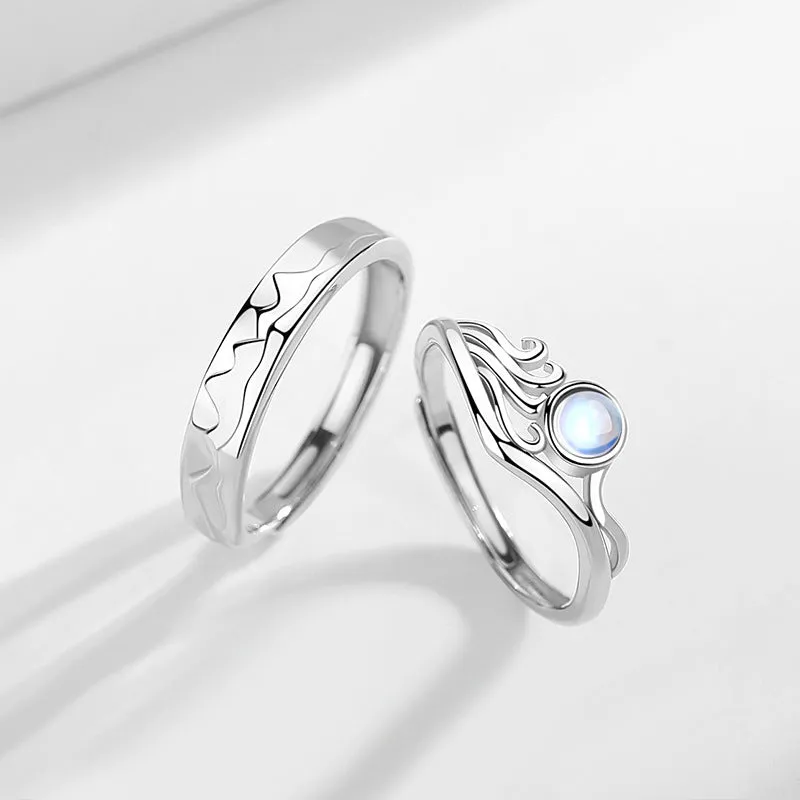 Custom Engraved Ocean Mountain Couple Rings Set