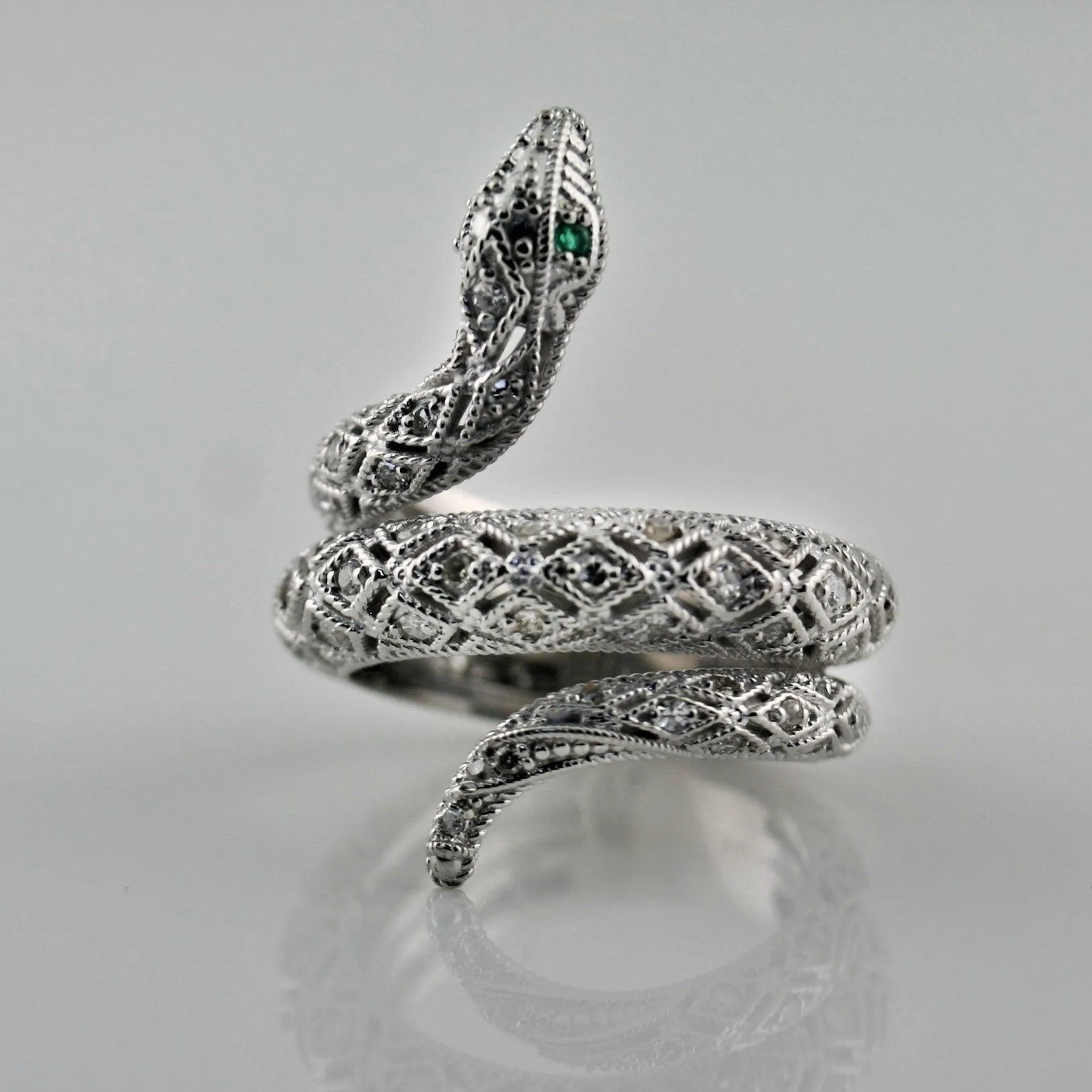 Diamond Emerald Accents Snake Ring 14K White Gold