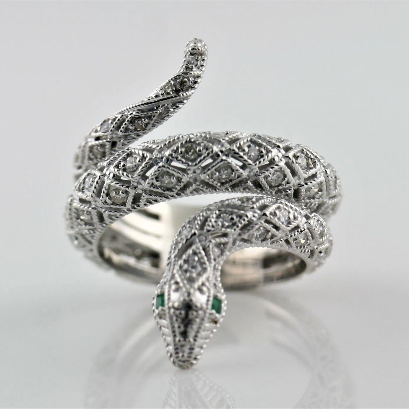 Diamond Emerald Accents Snake Ring 14K White Gold