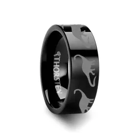 Dinosaur Brachiosaurus Prehistoric Paleo Engraved Flat Black Tungsten Ring - 4mm - 12mm