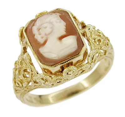 Edwardian Filigree Cameo Flip Ring with Diamond and Onyx in 14 Karat Yellow Gold