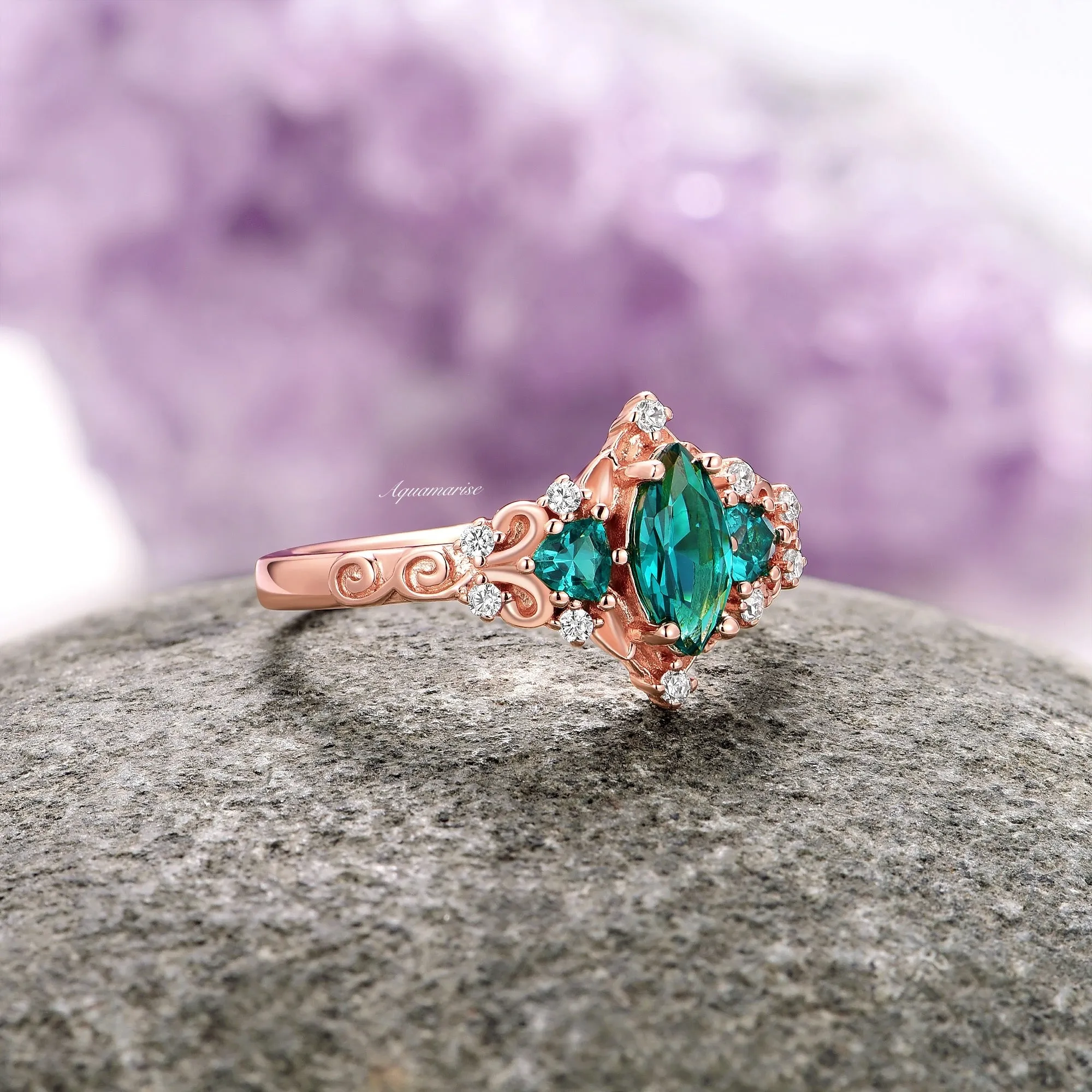 Elain Teal Sapphire Fairy Leaf Engagement Ring- 14K Rose Gold Vermeil