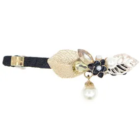 Enamel Flower and Gold Tone Leaves Princess Slim Hair Barrette w/ Pearl Tassel