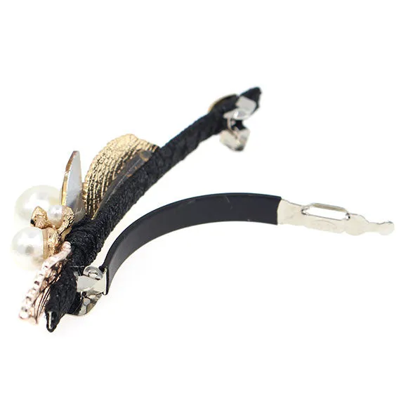 Enamel Flower and Gold Tone Leaves Princess Slim Hair Barrette w/ Pearl Tassel