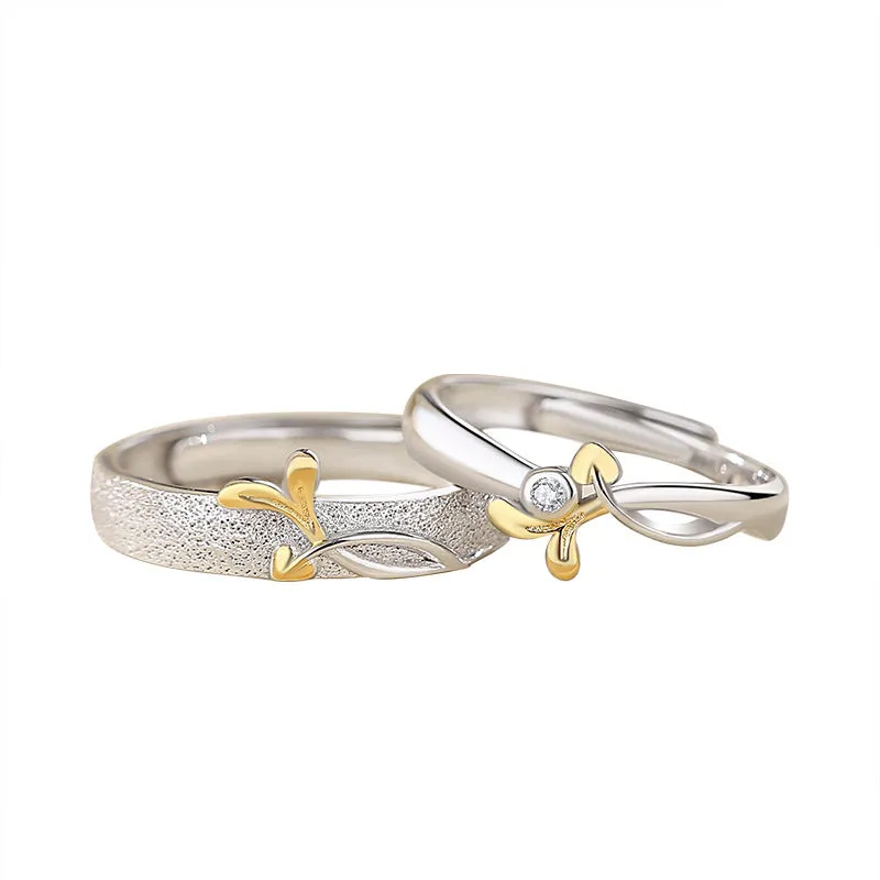 Engraved Mori Leaf Matching Rings Set for Couples