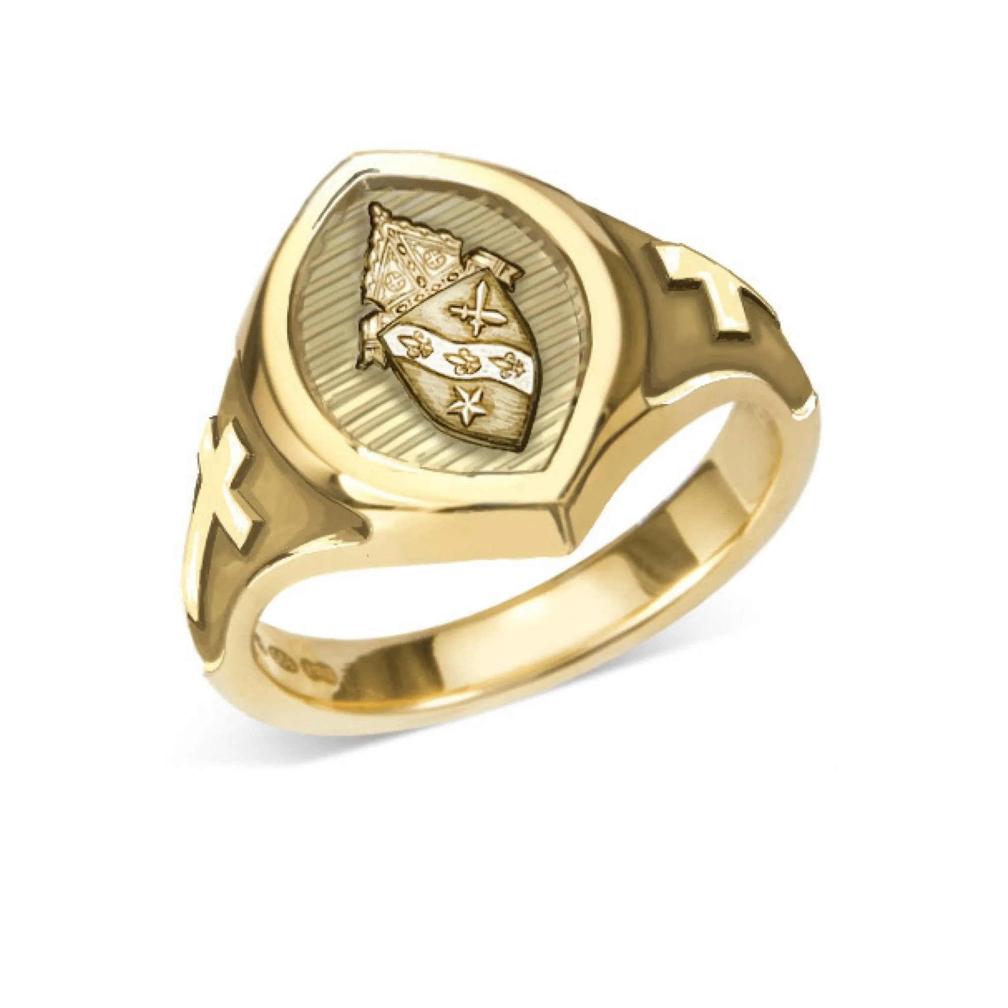 Gold Custom Engraved Bishop Ring with Border and Crosses