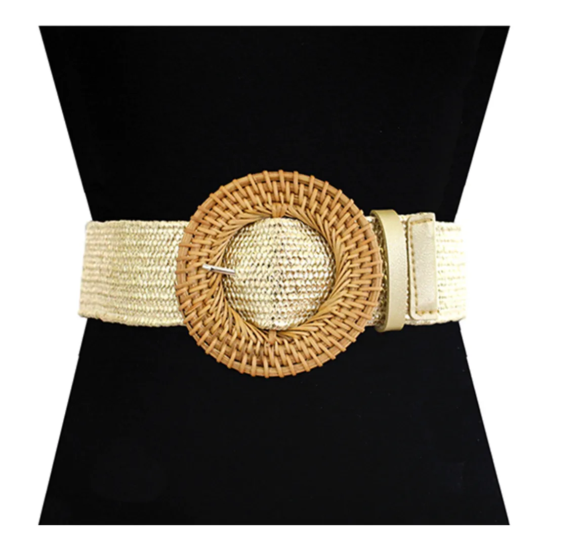 Gold Ratton Round Buckle Elastic Belt