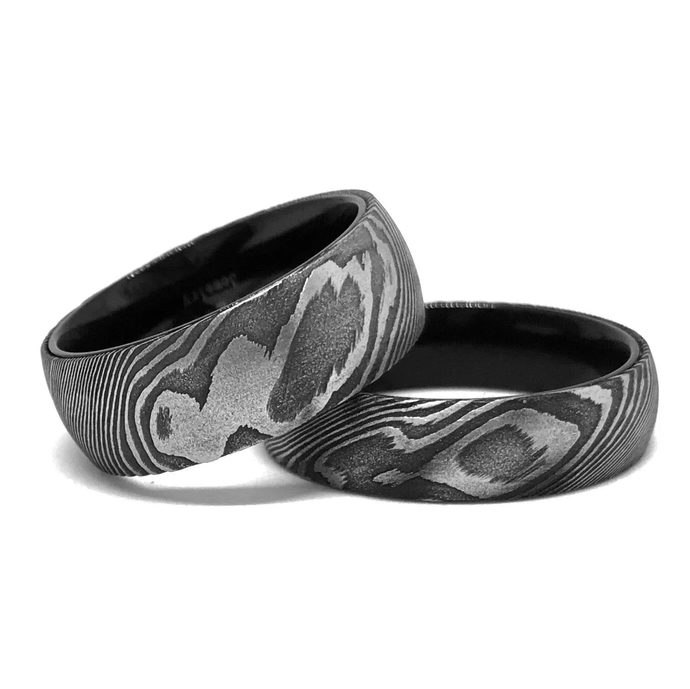 His and Her Damascus Steel Wedding Rings Set Mokume Gane Wedding Band Set