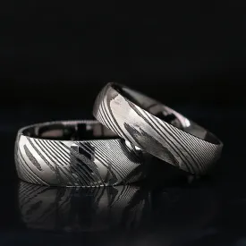 His and Her Damascus Steel Wedding Rings Set Mokume Gane Wedding Band Set