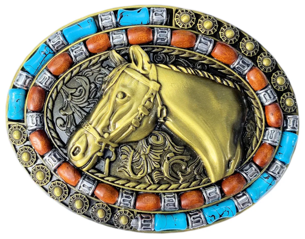 Horse Head with Synthetic Beads Antique Bronze Plated Belt Buckle