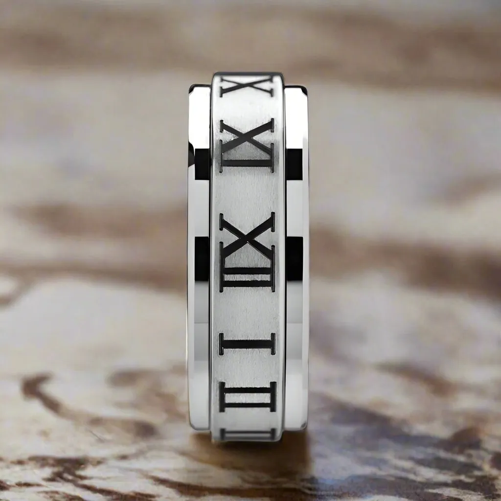 IMPERIUS | Silver Tungsten Ring, Fidget Spinner, Roman Numerals Engraved