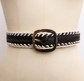 Ivory Crochet Trimmed Black Woven Leather Belt