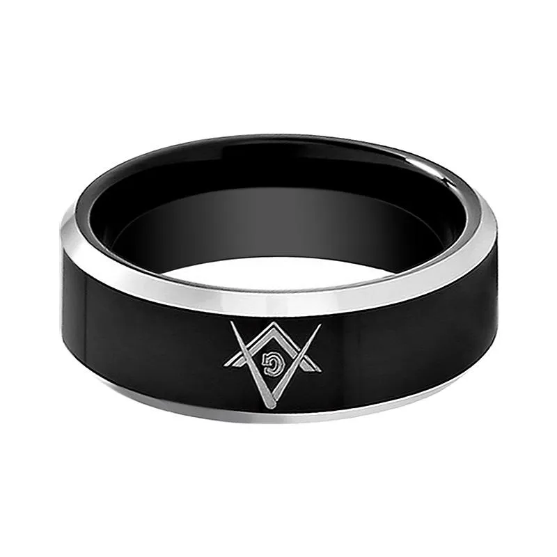 KATANA | Black Tungsten Ring, Mason Symbol, Silver Beveled Edge