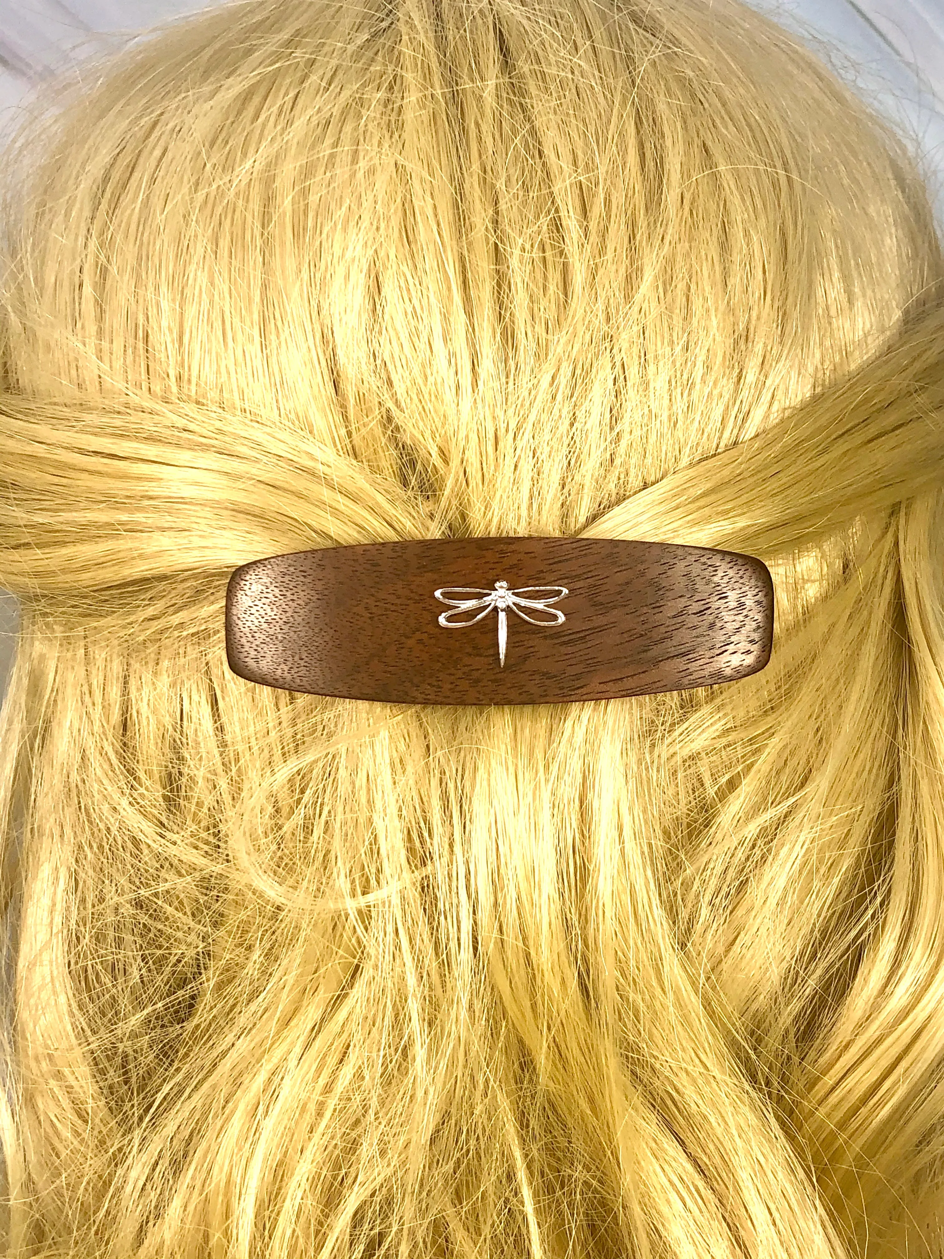 Medium Walnut Dragonfly Barrette, Sterling Silver hair clip wooden barrette