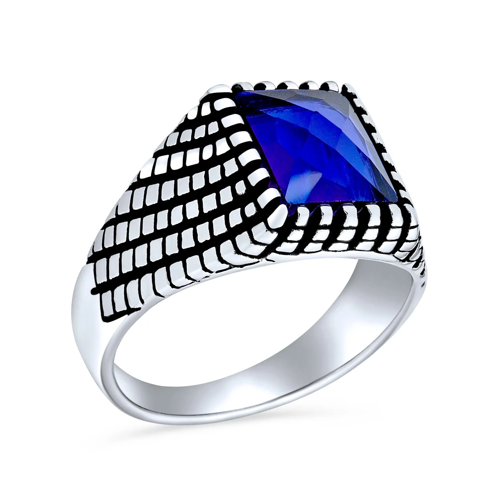 Mens Stainless Steel Vintage Style Blue Sapphire Signet Ring Oxidized Silver Handmade