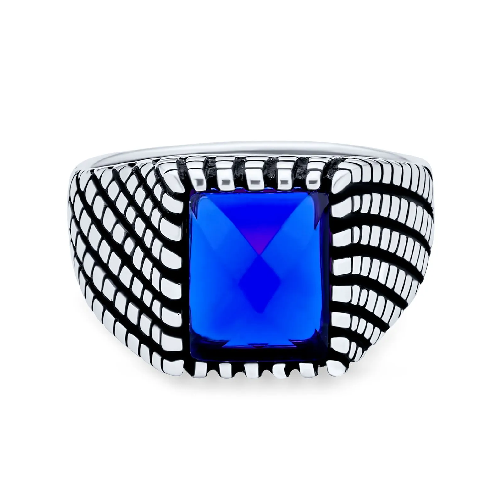 Mens Stainless Steel Vintage Style Blue Sapphire Signet Ring Oxidized Silver Handmade