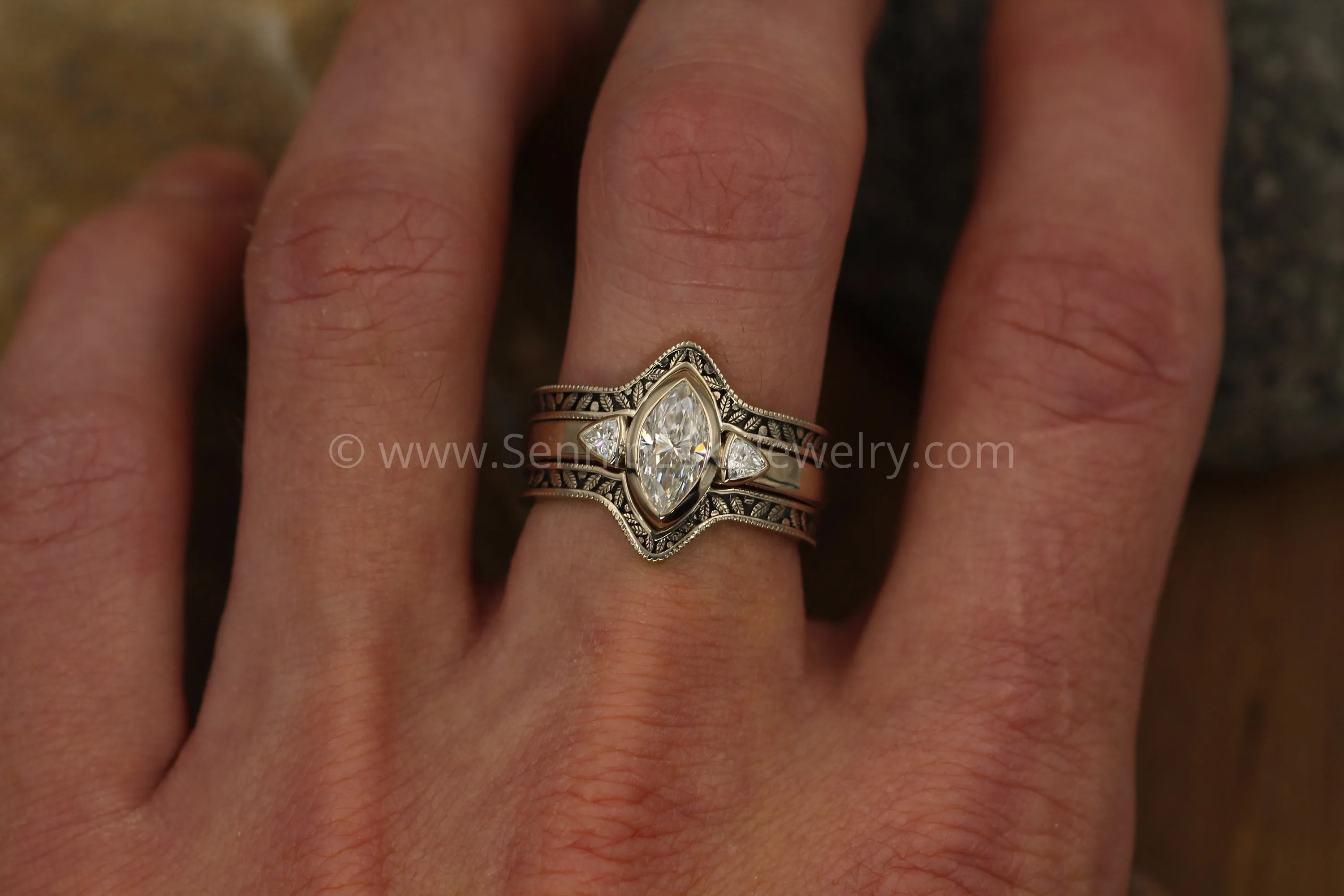 Moissanite White Gold Hand Made Leaf Engraved Vintage Engagement Ring Set - Marquise Ring - Leaf Engagement Ring