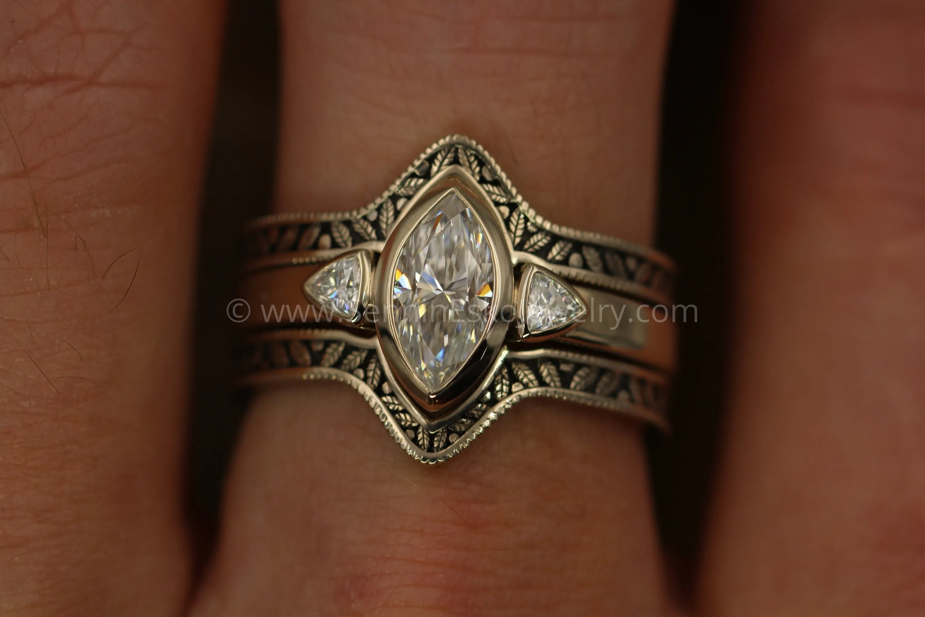 Moissanite White Gold Hand Made Leaf Engraved Vintage Engagement Ring Set - Marquise Ring - Leaf Engagement Ring