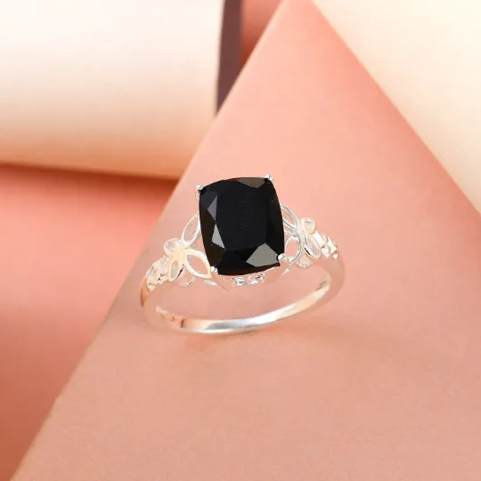 Natural Cushion Cut Black Onyx Solitaire Statement Ring - 925 Sterling Silver Ring