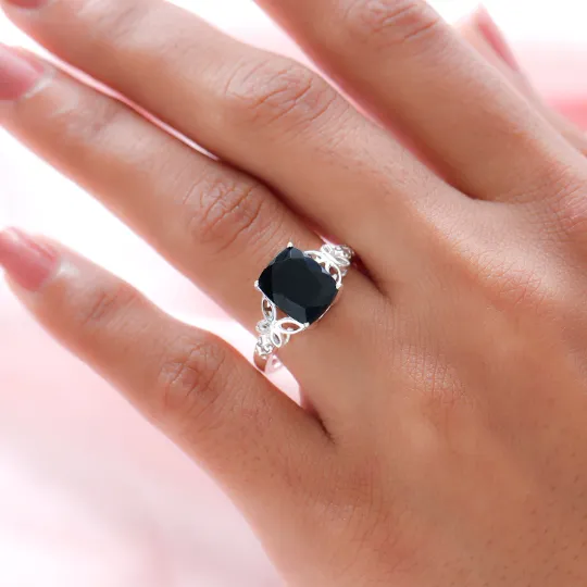 Natural Cushion Cut Black Onyx Solitaire Statement Ring - 925 Sterling Silver Ring