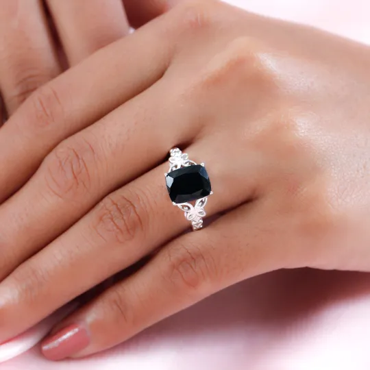 Natural Cushion Cut Black Onyx Solitaire Statement Ring - 925 Sterling Silver Ring