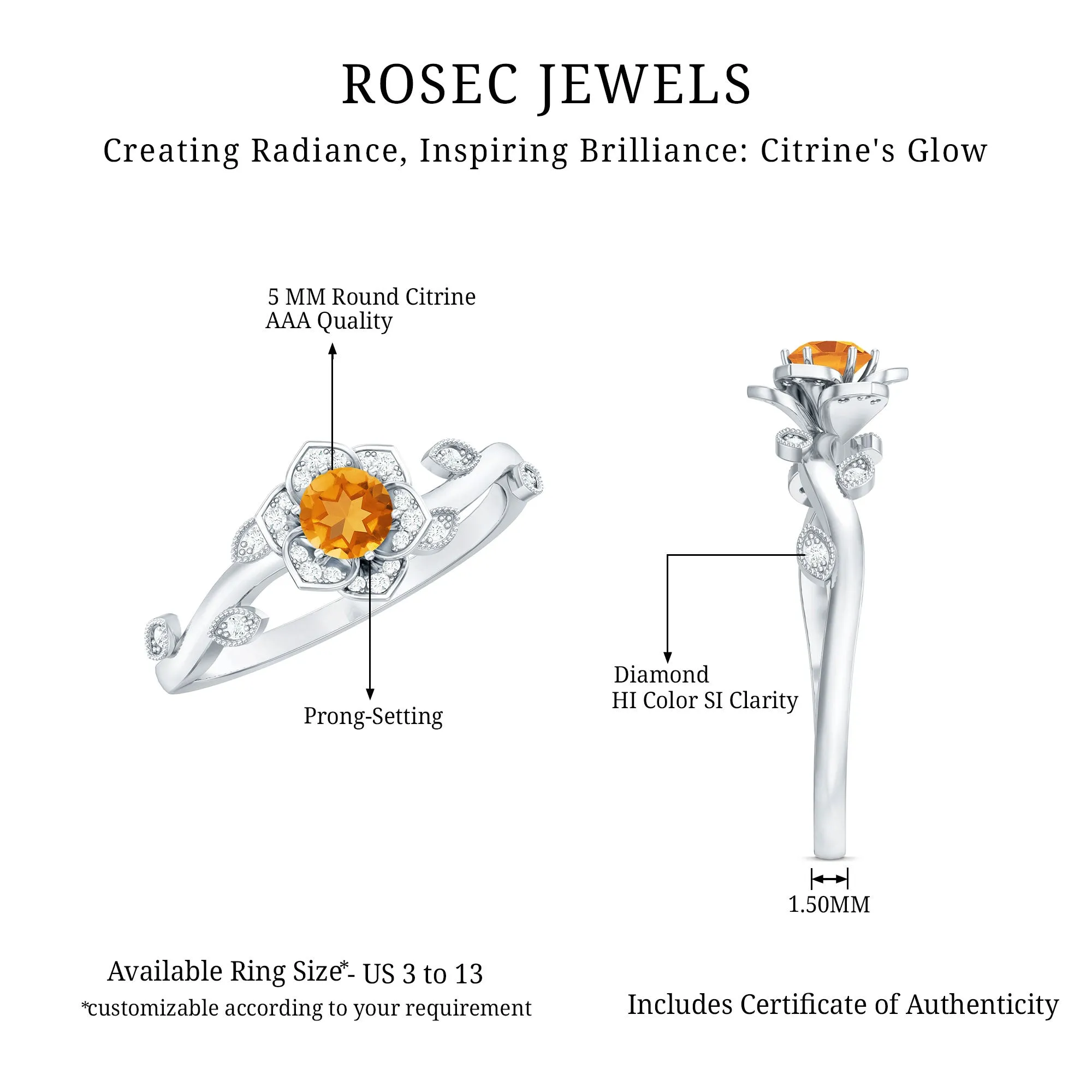 Nature Inspired Citrine and Diamond Engagement Ring